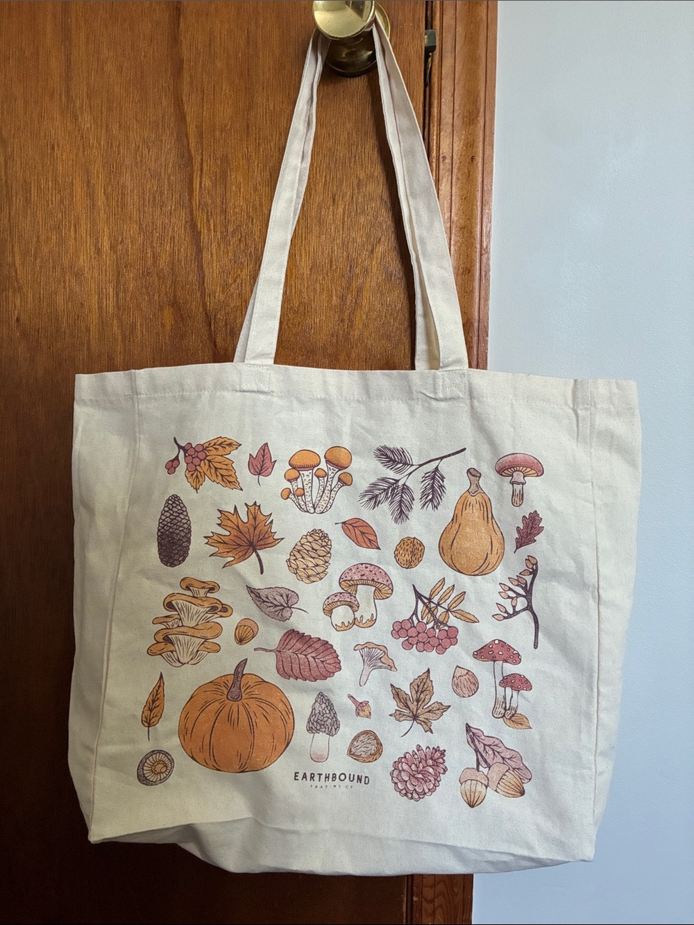 EARTHBOUND Cream Tote with Autumn Botanical & Mushroom Motif